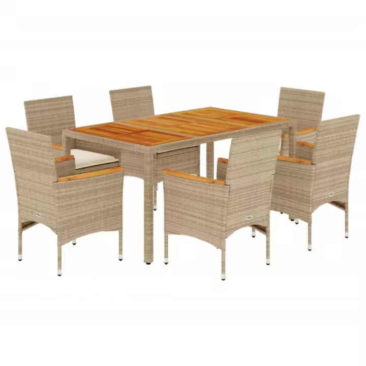 vidaXL Set de comedor jardín 7 pzas con cojines ratán PE acacia beige - 1