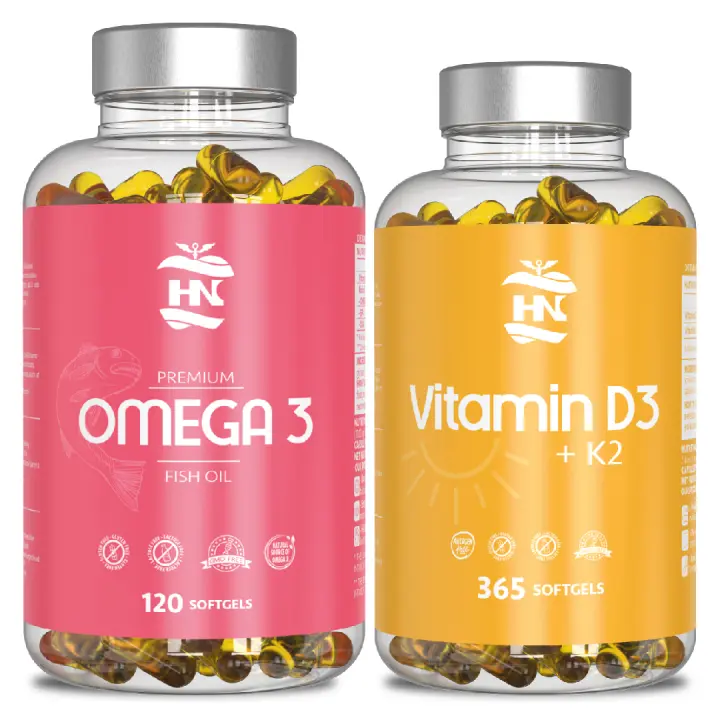 HN - Healthy Nutrition - Pack Omega 3 & Vitamina D3 - Sistema Óseo - Omega 3 Capsulas 2000 mg a Base de Aceite de Pescado Omega3-120 Perlas Blandas de Acidos Grasos Omega 3 800mg EPA - 400mg DHA 1000mg - 365 Cápsulas de vitamina D3 K2 – Vitamina D (5000) - 1