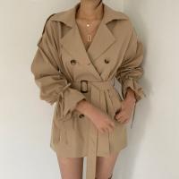 REALEFT Nueva Trencha De Mujer Marrón Gris Minimalista Otoño Invierno Con Cinturones Cuello En V Doble Botón Manga Flared Abierta Por Encima - details 3
