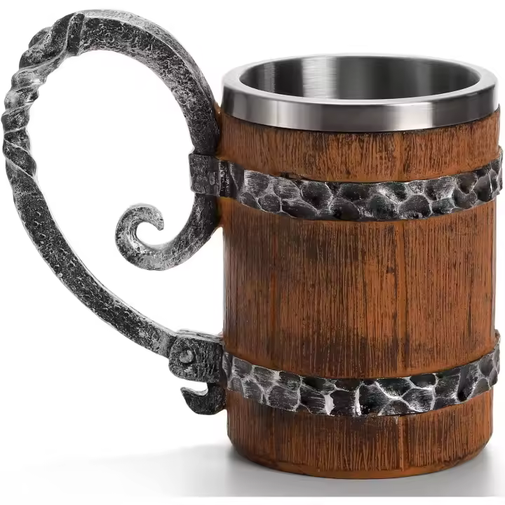Jarra de cerveza de barril de madera, taza de cerveza vintage de acero inoxidable de doble pared, taza de cóctel medieval hecha a mano con asa - 1
