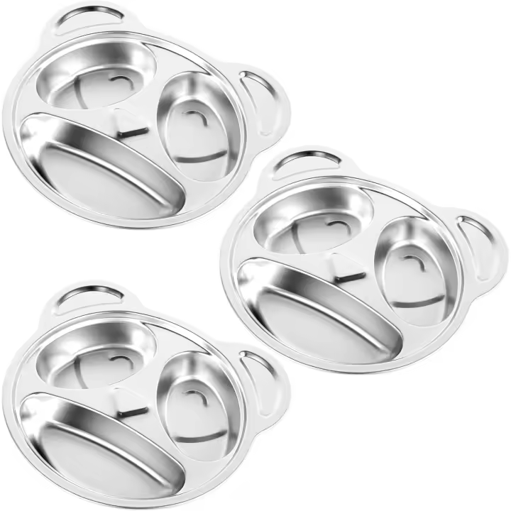 3 platos divididos de acero inoxidable, 3 secciones con forma de panda, de metal para adultos y niños. - 1