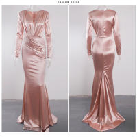 Vestido De Noche Elegante Romagic Con Cuello En V Y Aros En Satén De Manga Larga Estilo Sirena Rosa Para Bodas Y Bailes De Premio Largo Y Lujo - details 12