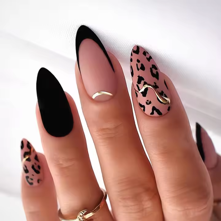 Uñas postizas Cortas de Almendra, 24 unidades, colores Puros, estampado de Leopardo, Uñas postizas Francesas, Brillantes, Con adhesivos. - 1
