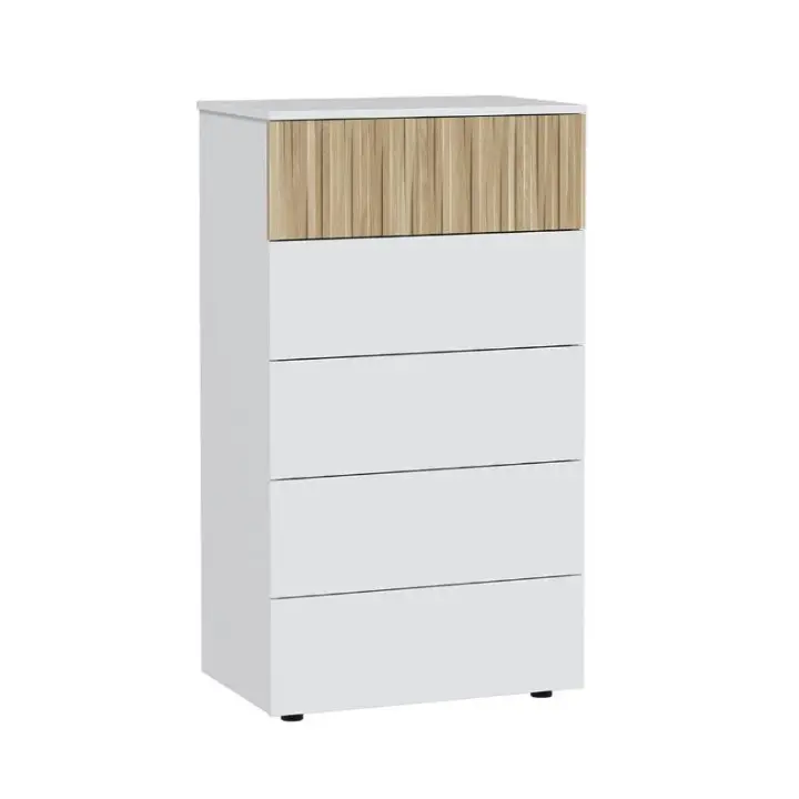 Meimon ETHNA Cómoda 5 cajones en Blanco Ark Natur, estructura de tablero de partículas melaminizado E1, guías metálicas extraíbles, cantos PVC, patas ABS ocultas, trasera y cajones en MDF/DM, medidas 109x61x40 cm, capacidad 5x52x35 cm - 1