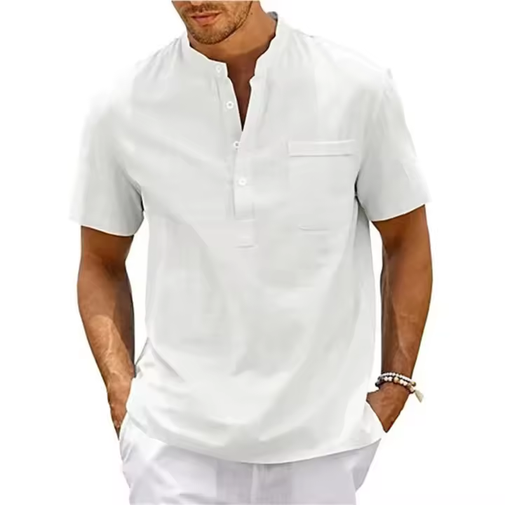 Camisa De Algodón Y Lino Para Hombre Estilo Casual Vintage Con Bolsillo Y Cuello Henley Camiseta De Color Sólido Para Playa Y Calle - 1