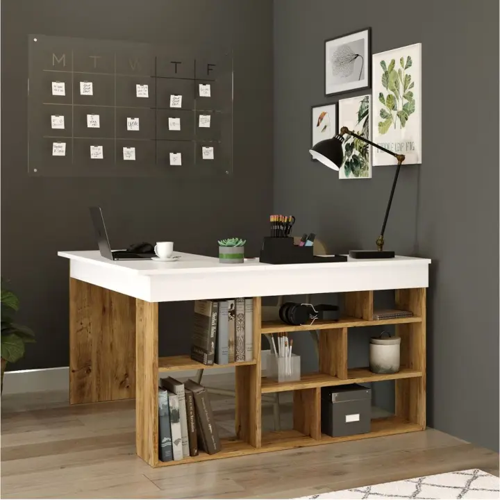 Escritorio Bihar esquinero con estantes natural/blanco 72x115x120 cm - 1