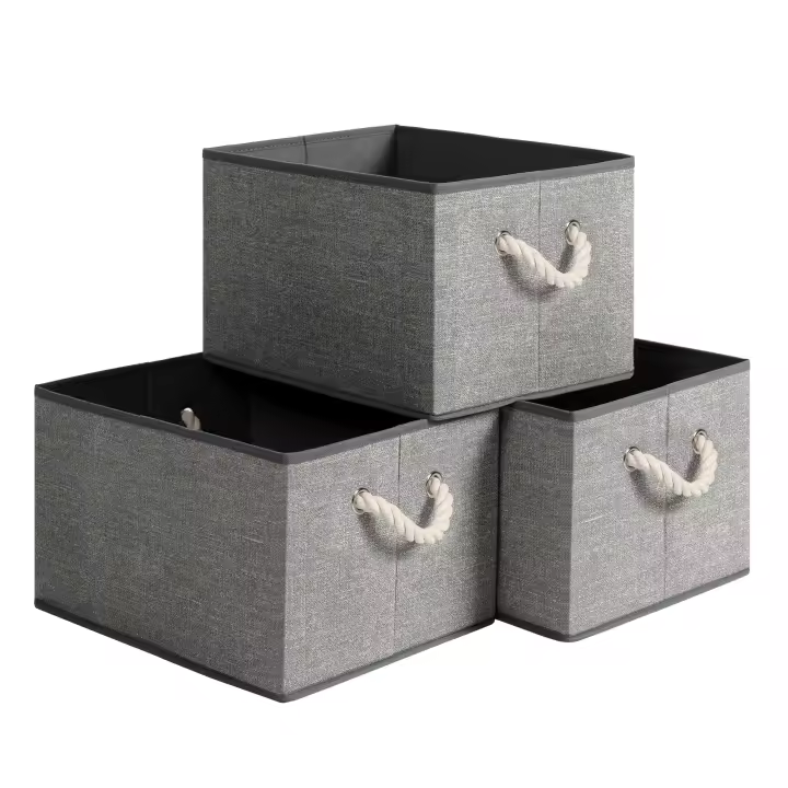 SONGMICS Caja Organizadora Plegable, Caja de Almacenamiento de Tela, Juego de 3, sin Tapa, con Asas, 40 x 30 x 25 cm, Patrón de Lino, Gris - 1