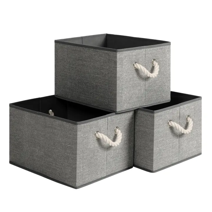 SONGMICS Caja Organizadora Plegable, Caja de Almacenamiento de Tela, Juego de 3, sin Tapa, con Asas, 40 x 30 x 25 cm, Patrón de Lino, Gris - 1