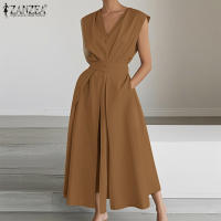 Vestido Largo Sin Mangas De Verano ZANZEA 2025 Elegante Vestido De Trabajo Para Mujer Con Botones Estilo Oficina A-Line V-Neck Polyester - details 2