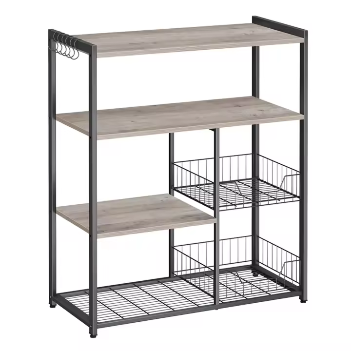 Estantería de cocina con cestas de malla y soporte para microondas, 80x35x95 cm, incluye estantes y ganchos, disponible en marrón rústico, nogal y greige - 1