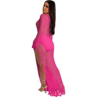 Vestido Midi Bodycon De Encaje Con Borlas Y Manga Larga Para Mujer Estilo Playa Fashion Hollow out Y Abertura Lateral Alta - details 25