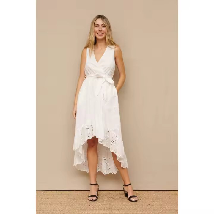 VESTIDO IBICENCO CINTA - Vestido Asimétrico Blanco, Calado, Algodón, Primavera Verano para Mujer - 1