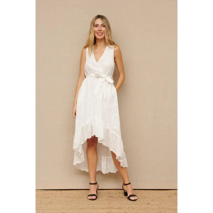 VESTIDO IBICENCO CINTA - Vestido Asimétrico Blanco, Calado, Algodón, Primavera Verano para Mujer - 1