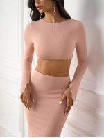 Nuevo Asia Mujer Conjunto De Dos Piezas Rosa Ribbed Tejido Con Top De Manga Larga Y Falda Maxi Espalda Descubierta Estilo Elegante Para Fiesta Y Club - details 6