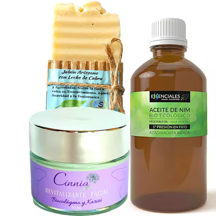 Pack Ahorro. Antiarrugas. Crema Facial Revitalizante con Biocolágeno, Aceite puro de Neem 100 ml y Jabón Artesano Leche de Cabra. Hidratante. Pumarshop Cinnia Natura. - 1