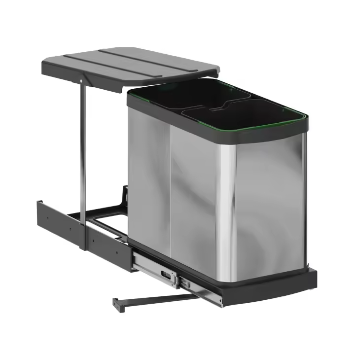 Contenedor de reciclaje para fijación inferior y extracción manual/automática en mueble de cocina recycle inox 2x12litros, plástico y acero inoxidable - 1