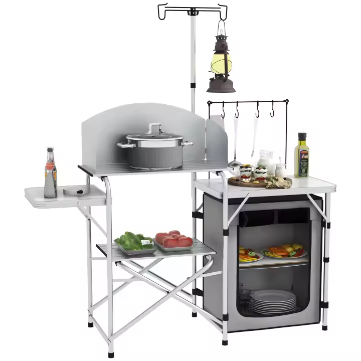 Outsunny Mueble de Cocina para Camping Armario para Camping Plegable con Mesas Estantes Poste de Luz Elevable y Bolsa de Transporte para Acampada Picnic 144x48x119 cm Plata y Gris Claro - 1