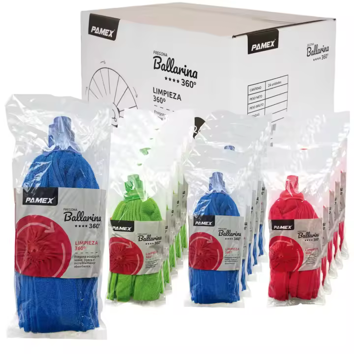 PAMEX - 24 Fregonas Microfibra Ballarina 360º en Tres Colores Azul, Rojo, Verde Fregona Superabsorbente  -  Caja de 24 Unidades - 1