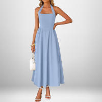 Vestido Largo Para Mujer Verano 2025 Elegante De Color Sólido Cuello Cuadrado Sin Mangas Cintura Ajustada Vestido De Noche Largo Espalda Descubierta Slim Fit Polyester - details 3