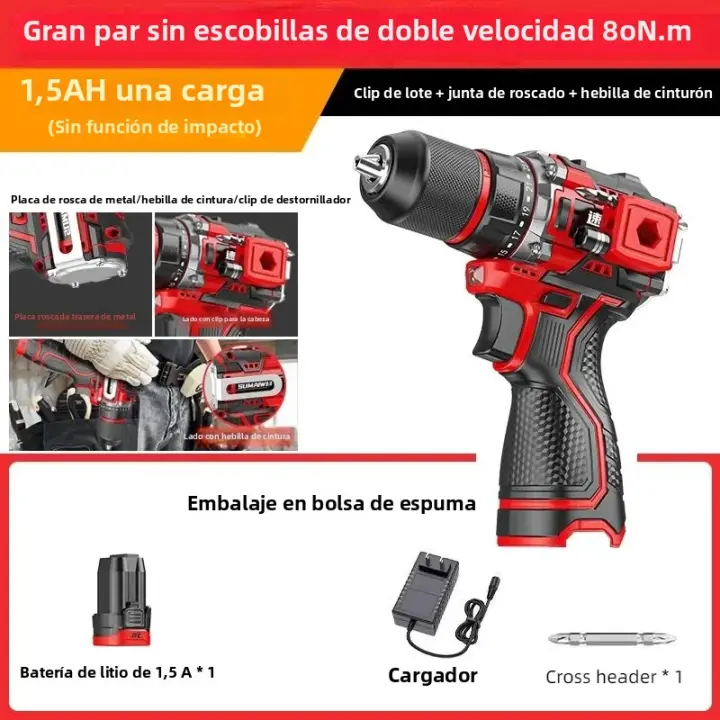 Taladro Eléctrico Sin Cable De Batería Con Rosca De Ajuste Y Motor Sin Escobillas Para Metal Herramienta Eléctrica Para El Hogar Taladro De Mano Y Destornillador - 1