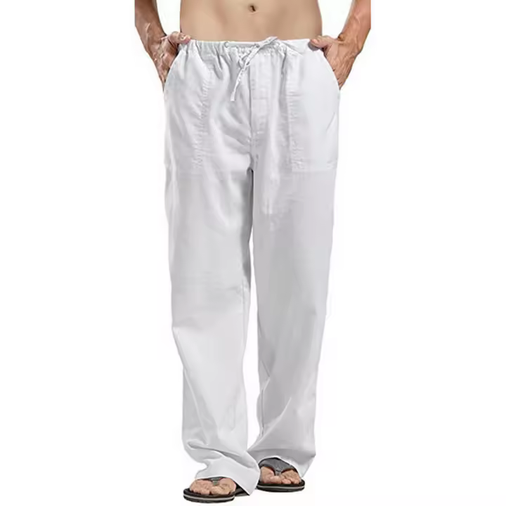 Pantalones Largos Hombre Verano Sueltos Cintura Elástica Con Cordón Estilo Casual Transpirables Leggings Rectos Para Playa Y Diario - 1