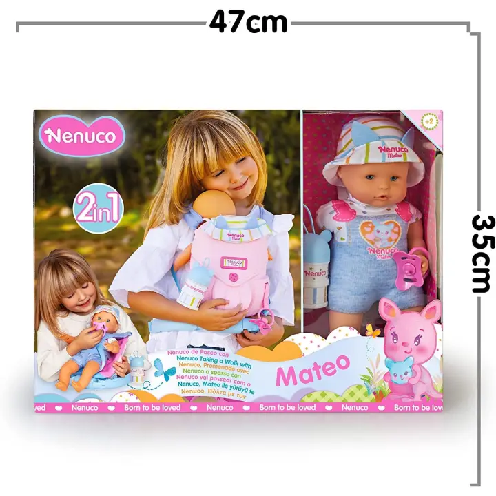 Nenuco - De paseo con Mateo, muñeco de cuerpo blandito 35 cm, con mochila portabebés para trasportín 2 en 1 que se transforma en hamaca, con accesorios, chupete y bibe, Famosa (700017206) - 1