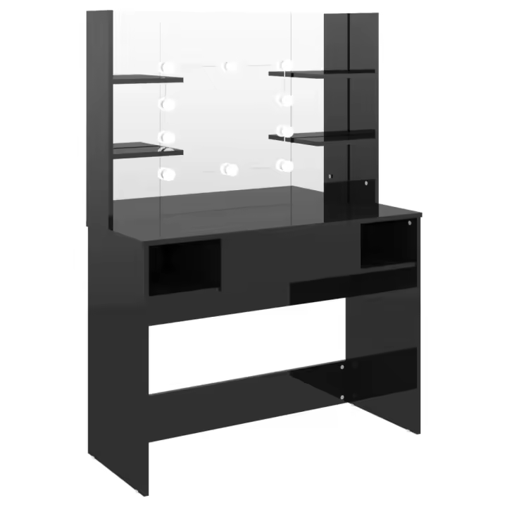 Tocador de maquillaje luces LED MDF negro brillo 100x40x135 cm - 1