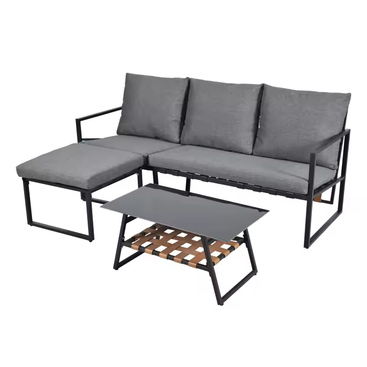 Juego de muebles de Jardín, juego de Esquina, sofá + Mesa de café + reposapiés, tubo de Maple galvanizado, tablero de Vidrio, para Jardín, pool y otras áreas al Aire Libre, Gris - 1