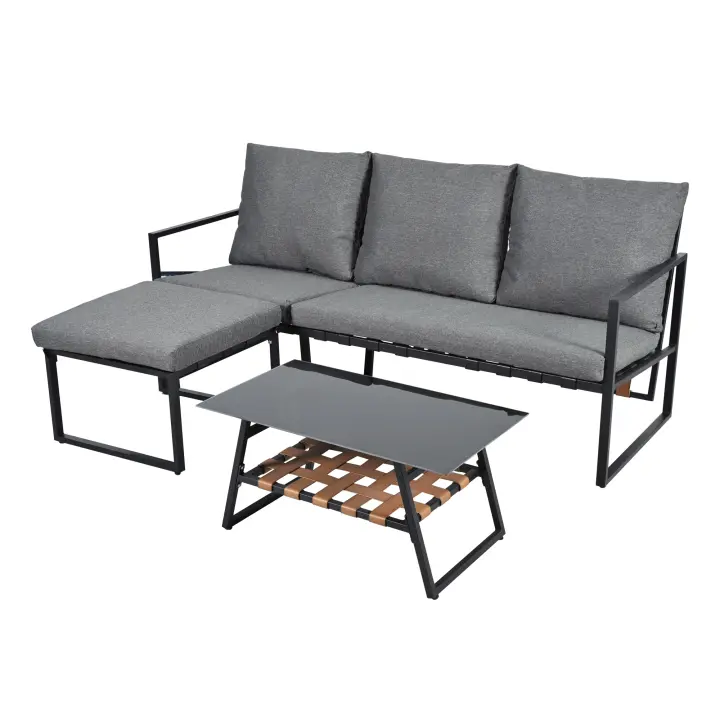 Juego de muebles de Jardín, juego de Esquina, sofá + Mesa de café + reposapiés, tubo de Maple galvanizado, tablero de Vidrio, para Jardín, pool y otras áreas al Aire Libre, Gris - 1