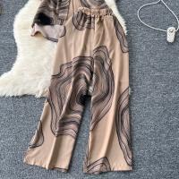 Conjunto De Moda Casual 2024 Chic Imprimado V-Neck Top + Cintura Elástica Pierna Ancha Pantalones Cortos Basic 2pcs Para Mujer - details 20