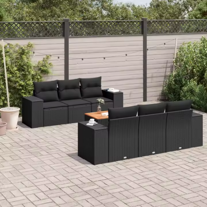 vidaXL Set de comedor de jardín 7 pzas y cojines ratán sintético negro - 1
