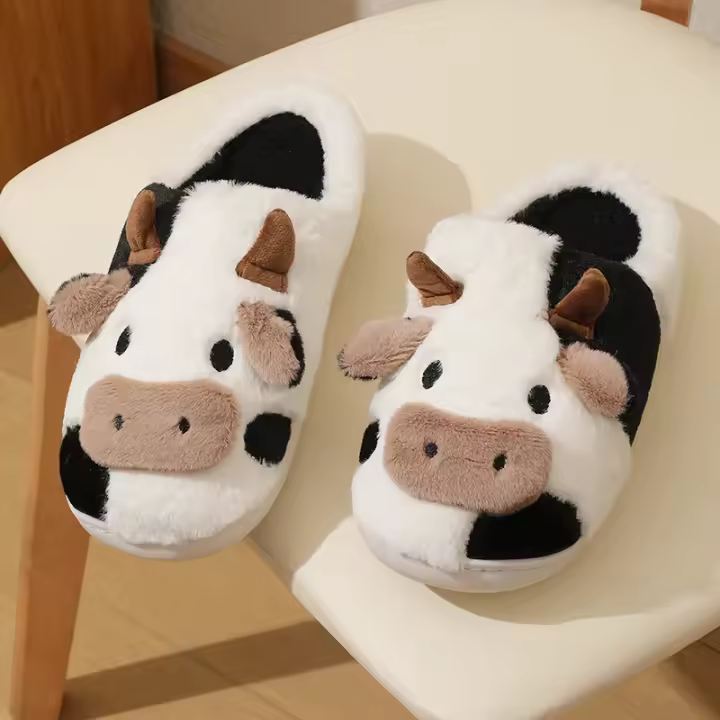 Pantuflas De Peluche Cálidas Para Hombres Y Mujeres Con Dibujos De Vaca Unisex Antideslizantes Para El Interior En Invierno Cubren Los Dedos - 1