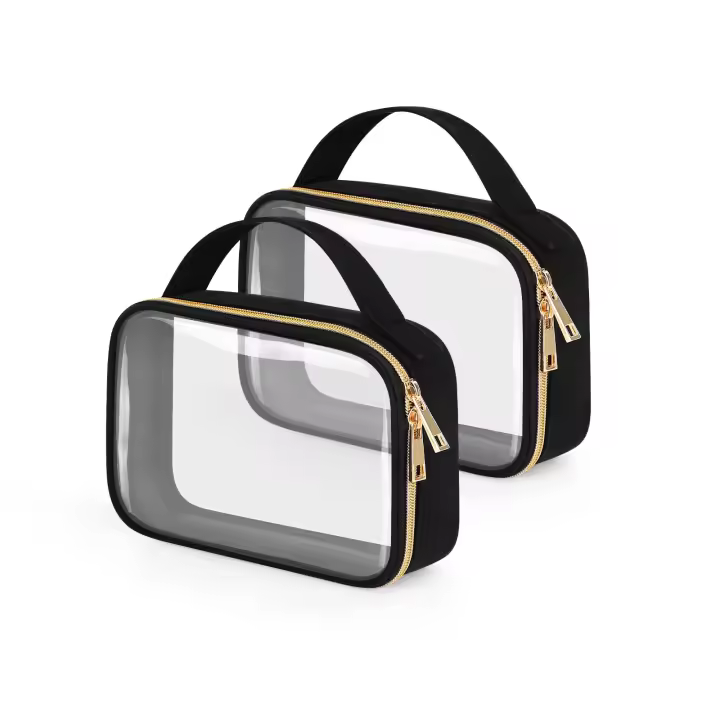 Toiletry Bag, 2 Pack Clear Makeup Bags with Handles, Quart Size Clear Toiletry Bags, PVC Clear Cosmetic Bags for Women and Men, Carry on Airport Airline Compliant Bag, Black - 1