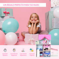 HOMCOM Casa de Muñecas de 3 Pisos con Patio 86x30x87 cm Muebles Accesorios Completos Diseño Lindo Casita Muñecas de Juguete Madera Rosa - details 6
