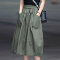 ZANZEA Falda Larga De Cargo Recta Para Mujer Cintura Elástica Midi Estilo Vintage Con Bolsillo Grande Moda Casual Coreana - details 6