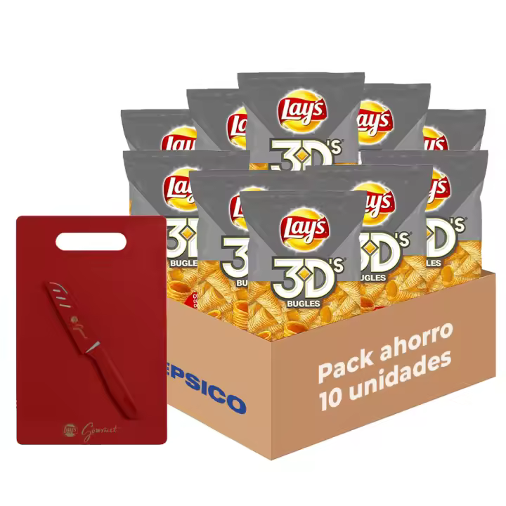 Pack Regalo Lay's 3D's - Snack Crujiente con Sabor a Bacon y Queso, Pack Regalo de 10 Bolsas del Delicioso e Irresistible Aperitivo de Conos de Maíz Fritos, Total: 10 x 100g = 1000 g + Tabla de Cortar y Cuchillo - 1