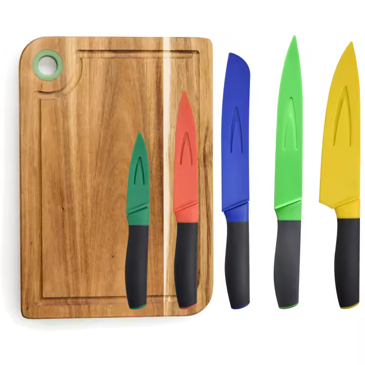 Set 5 cuchillos de cocina con funda/protector y tabla de cortar 33x23x1.5cm madera de acacia CASA BENETTON - 1