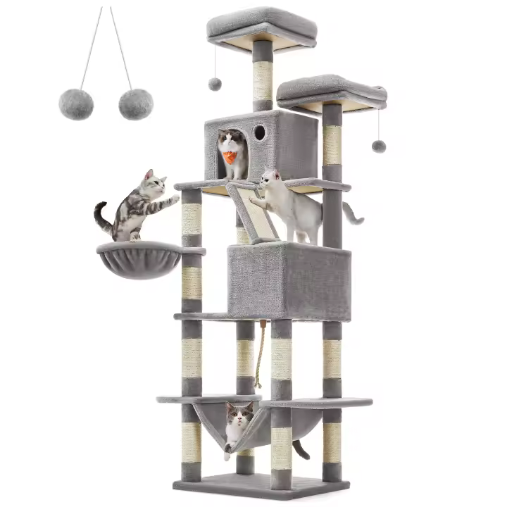 Feandrea Árbol para Gatos, XXL, Torre de Gatos de 206 cm de Altura con 13 Poste, 2 Plataformas, 2 Cuevas, Cesta, Hamaca, Pompón, Rascador Multinivel para Gatos Grandes, Beige/Blanco Crema/Gris Antracita/Gris Claro/Rosa Jalea/Negro Tinta/Marrón Camello - 1