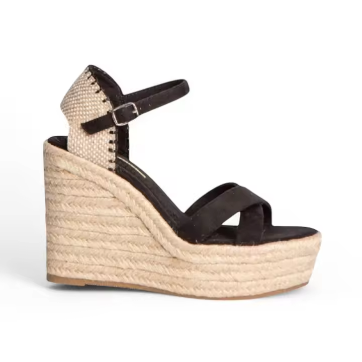 sandalias cuñas mujer color negro de yute cinta al tobillo punta abierta planta acolchada cómodas y ligeras verano 2025 tendencia corina - 1
