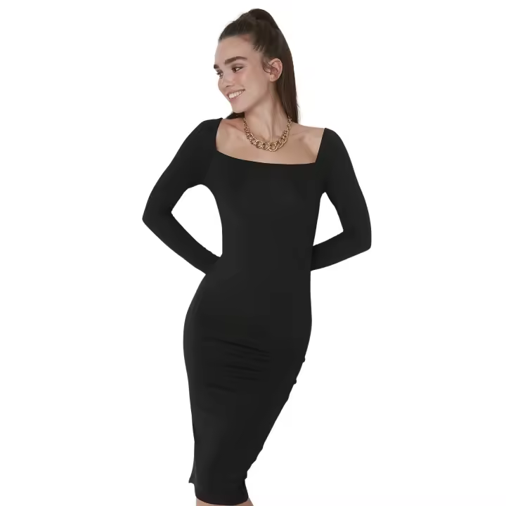 Trendyol Black Square Neck Slit Detailed Bodycon Knitted Dress Twoaw23El00044 - 1