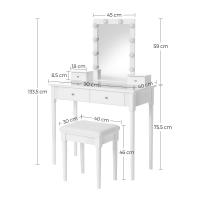 Tocador blanco elegante con espejo y luces led regulables, incluye taburete tapizado, amplio almacenamiento con 2 cajones grandes y 2 pequeños, diseño compacto y estable que ahorra espacio - details 7