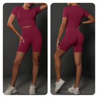 SSITO Nuevo conjunto de Pantalones cortos de manga cortos de Yoga de color sólido de melalgodón sin costura para correr, deportes y Fitness conjunto de Dos piezas - details 15