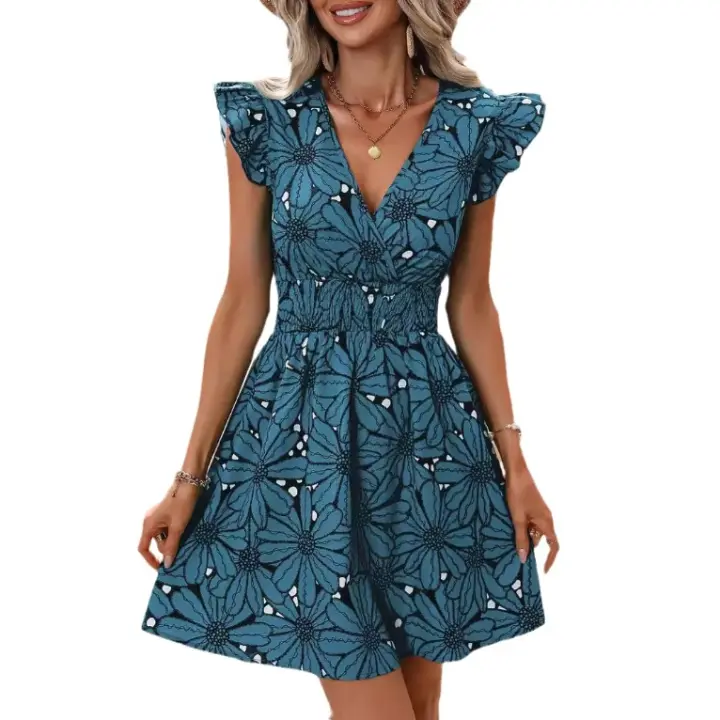 Women's summer V-neck waist sexy big flower ruffle sleeveless dress - 1