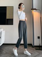 Pantalones De Trabajo Mujer Estilo Casual Cintura Alta Botones Talla Grande Color Caqui Largo Hasta El Tobillo Trasero Ancho - details 19