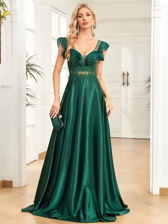Vestido De Noche De Seda Oscuro Verde Mermaid Para Mujer Sin Mangas Cuello En V Tulle Abertura Larga Vestido De Fiesta De Prom 2025 - 1
