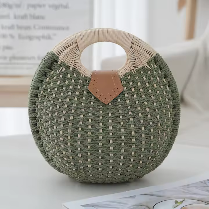 Monederos de paja para Mujer, Bolsa de ratán de Verano para Playa, Bolsa de mano con ASA Redonda, Bolsa de Concha Tejida a mano Retro - 1