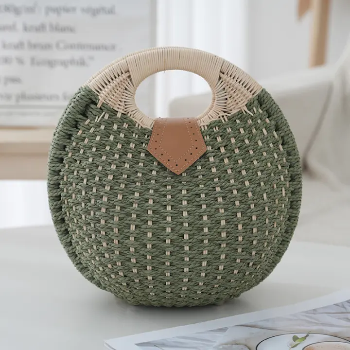Monederos de paja para Mujer, Bolsa de ratán de Verano para Playa, Bolsa de mano con ASA Redonda, Bolsa de Concha Tejida a mano Retro - 1