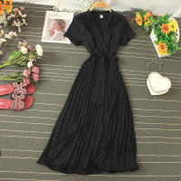 Nuevo Vestido De Verano 2026 Para Mujer Estilo Casual Con Cuello En V Manga Corta Lace up Pleated Chiffon Vestido De Cintura Alta - details 0