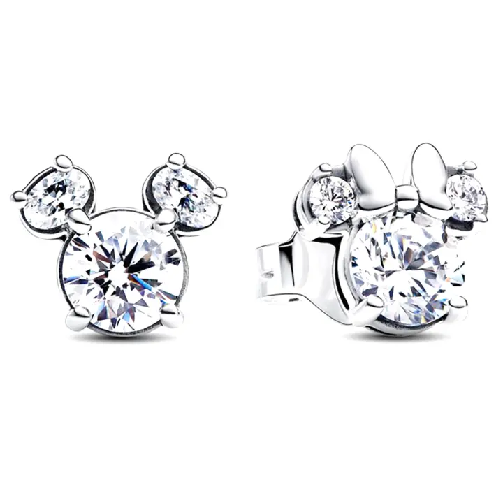 Pandora Pendientes de Botón en Plata de Ley Pendientes brillantes de Mickey Mouse y Minnie Mouse de Disney，Incluye Caja Original - 1