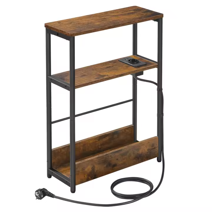 Mesa Auxiliar Estrecha con enchufe integrado, 3 Estantes y Revistero, Ideal para Espacios Pequeños en Salón, Dormitorio, Estudio - 1
